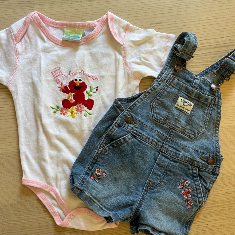 sesame street onesie & oshkosh flower overalls. Sold together